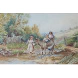 H Hammond Riding the donkey Three children with a donkey in a stream Watercolour Signed 29.5 x 45cm