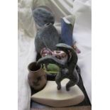 An abstract bronze sculpture together with a Josie Walter cat painted dish, a Hjorth vase