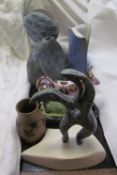 An abstract bronze sculpture together with a Josie Walter cat painted dish, a Hjorth vase