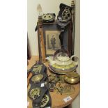 Horse brasses together with prints, Doulton teapot, Japanese Imari, Bakelite lamp etc