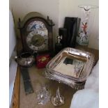 Two electroplated entree dishes and covers together with a mantle clock, glass jug etc