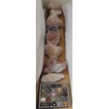 A box of egg shaped hardstone samples including Aventurine, Calcrete, Verdite etc, together with