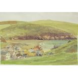 John Challis Hope Cove Watercolour Together with a pastel, an oil painting and a gilt mirror