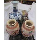 A pair of satsuma pottery vases, together with a Chinese vase and a pottery figure