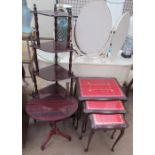A reproduction mahogany corner whatnot together with an occasional table and a nest of three tables,