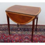 A George III mahogany and satinwood cross-banded Pembroke table of oval form, having an inlaid