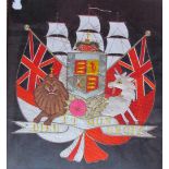 A woolwork picture with a ship in the background, coat of arms, lion and unicorn ''Dieu et mon