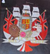 A woolwork picture with a ship in the background, coat of arms, lion and unicorn ''Dieu et mon