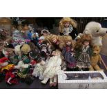 A mohair teddy bear together with a toy dog, modern collectors dolls, clown dolls, war hammer