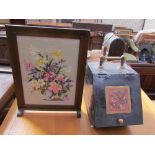 An Arts and Crafts coal box decorated with a song bird together with a woolwork fire screen
