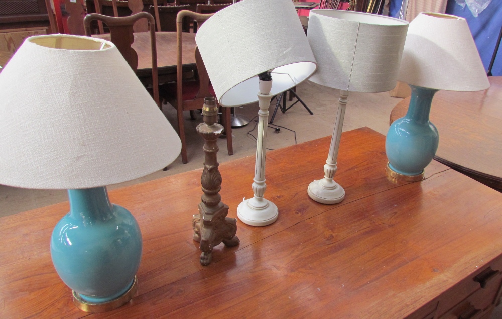 A pair of turquoise pottery baluster table lamps together with three other table lamps - Image 2 of 2