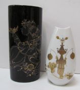 A Rosenthal studioline oval cylindrical vase decorated with a maiden and child to a black background