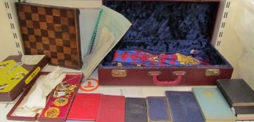 Masonic aprons together with Masonic jewels and books