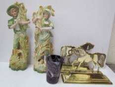 Brass horse door stops together with continental figures and marble glass beaker