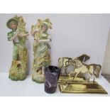 Brass horse door stops together with continental figures and marble glass beaker
