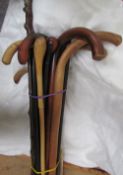 A white metal topped walking stick together with a collection of walking sticks