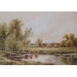Henry H Parker Cattle watering Watercolour Signed Together with two Richard Tearoe oil paintings