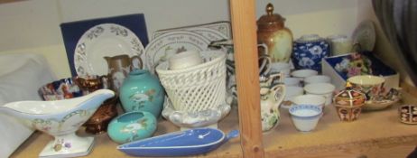 A Royal Crown Derby 1128 pattern vase and cover together with a Derby cup and saucer, Coalport