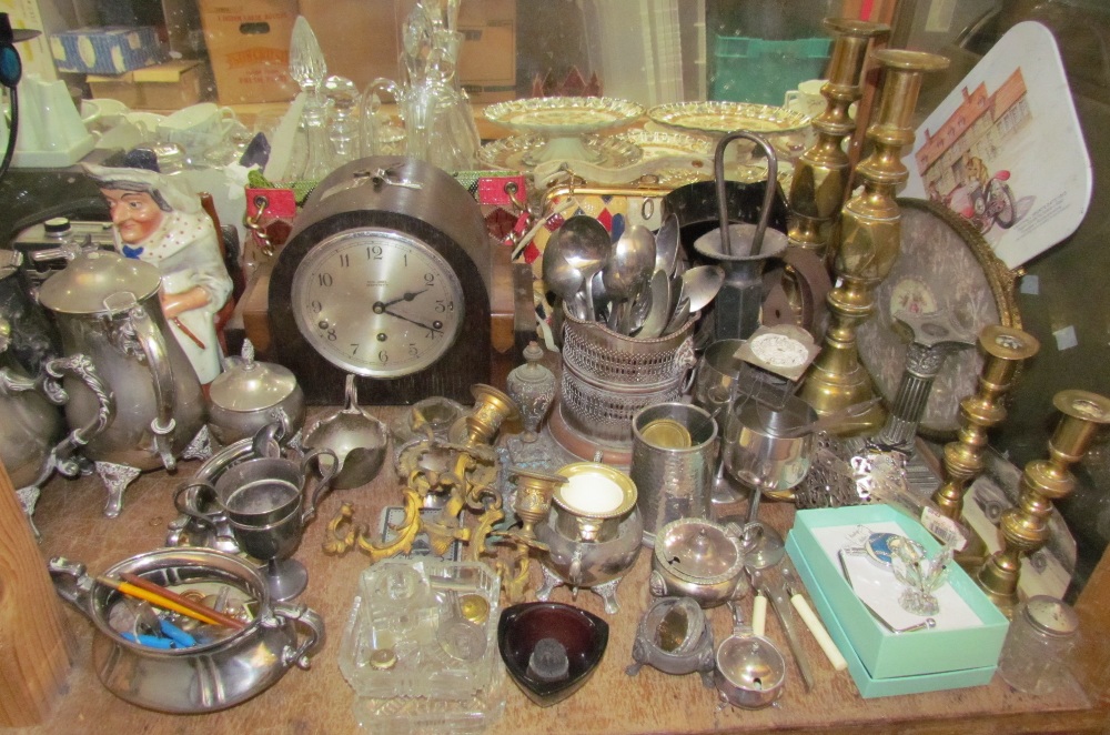 Large brass candlestick together with pottery buddhas, glass decanters, mantle clock, assorted - Image 3 of 3