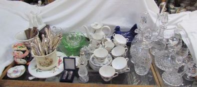 Crystal drinking glasses together with crystal decanters, a Royal Doulton Burgundy pattern part