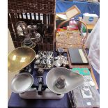 Assorted coins together with weighing scales, electroplated wares, bottle stand, books, lemonade set