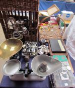 Assorted coins together with weighing scales, electroplated wares, bottle stand, books, lemonade set