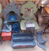 A painted child's chair together with a painted hanging corner cupboard, painted shelf, painted