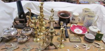 A coach lamp together with pottery jugs, brass candlesticks, brass fire irons, electroplated three