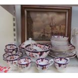 A 19th century pottery part tea and dinner set together with a Costello oil painting
