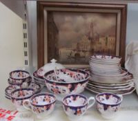 A 19th century pottery part tea and dinner set together with a Costello oil painting