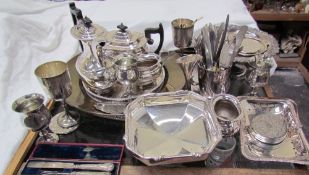 A silver handled knife and fork, cased together with assorted electroplated wares including part tea