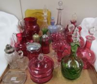 Assorted cranberry glass including jugs, vases, decanters, box and cover etc together with other