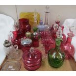 Assorted cranberry glass including jugs, vases, decanters, box and cover etc together with other