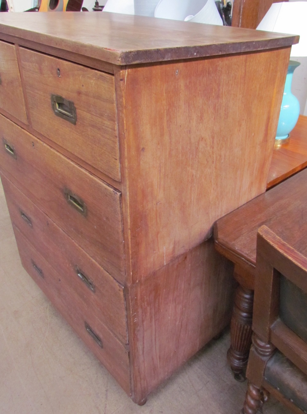 A 19th century padouk two section campaign chest with two short and three long drawers on turned - Image 2 of 2