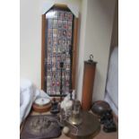 Framed cigarette cards together with gongs, candlesticks, oriental figures, barometer etc