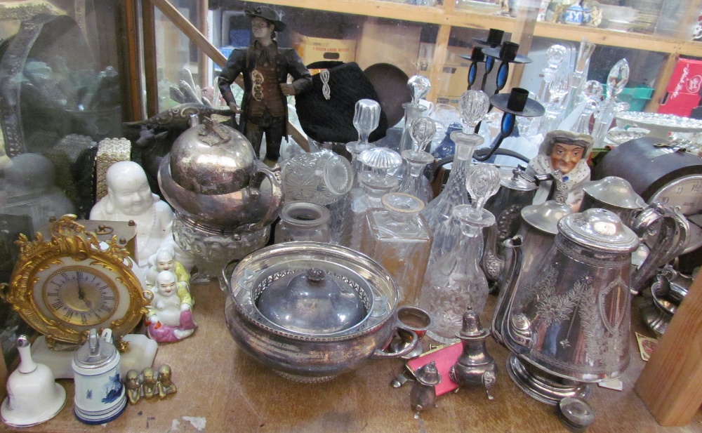 Large brass candlestick together with pottery buddhas, glass decanters, mantle clock, assorted - Image 2 of 3
