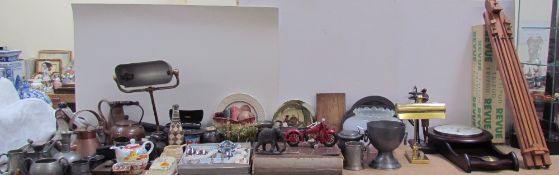 Assorted pewter and copper together with brasswares, truncheon, EPNS, easel, tripod, clock etc