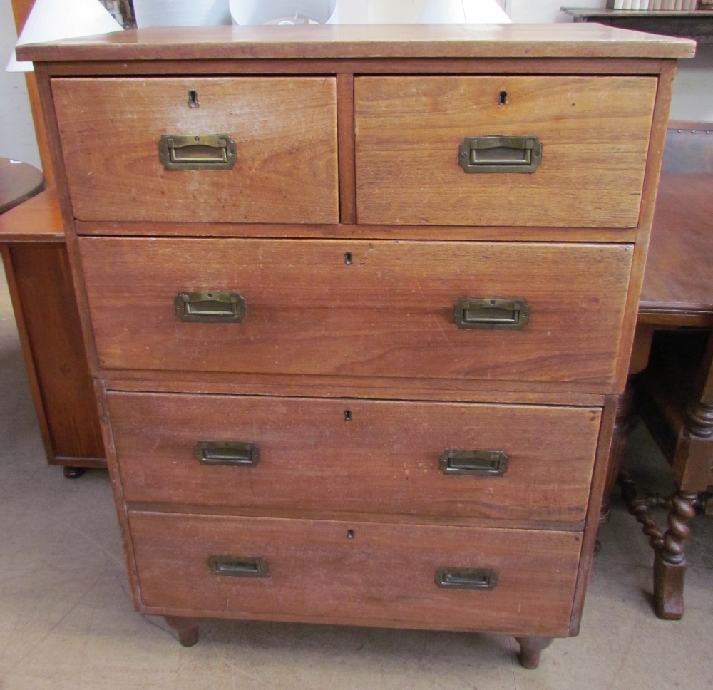 A 19th century padouk two section campaign chest with two short and three long drawers on turned