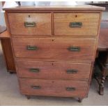 A 19th century padouk two section campaign chest with two short and three long drawers on turned