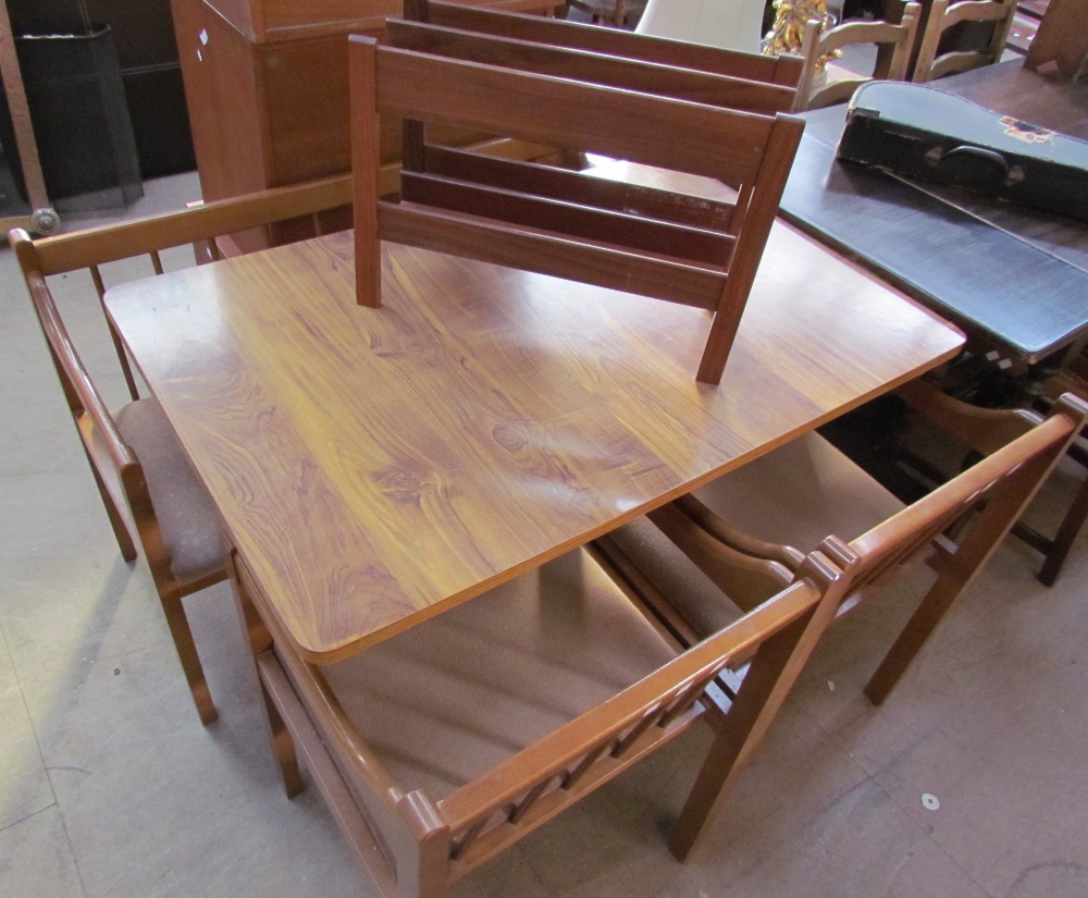 A 20th century modern kitchen dining table, bench and two chairs together with a teak magazine rack - Image 2 of 2