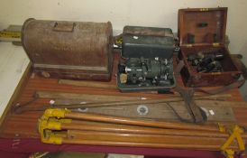 A Stanley surveyors level, together with a theodolite, tripods, spirit level, gauges,