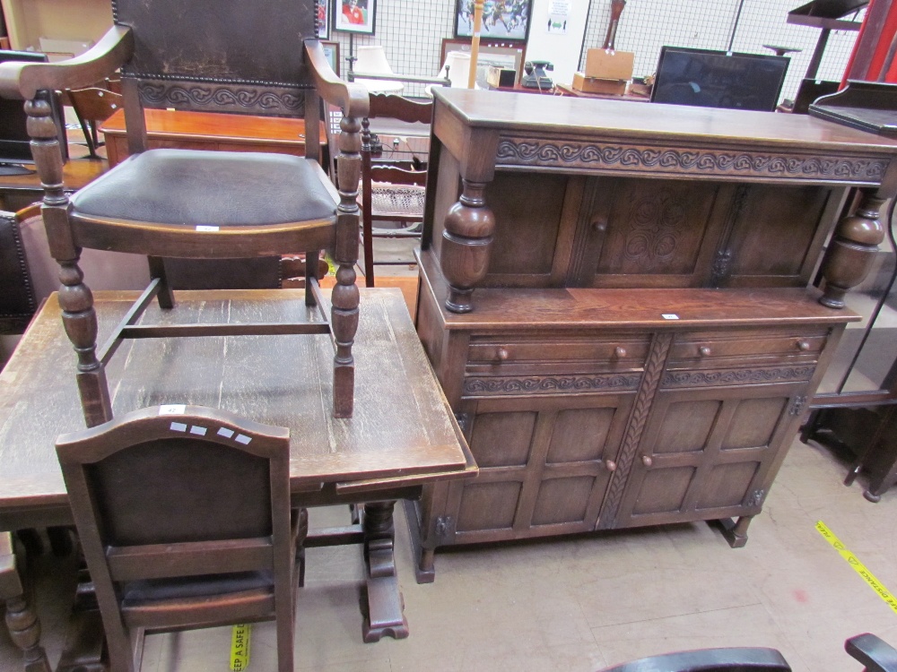 A 20th century oak drawleaf dining table together with a set of five oak chairs and a court - Image 3 of 3