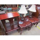 A pair of reproduction mahogany coffee tables together with a side cabinet and a pair of table