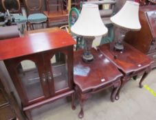 A pair of reproduction mahogany coffee tables together with a side cabinet and a pair of table