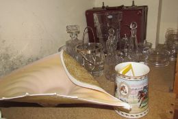 A large Italian glass shell shaped dish together with a crystal glass vase, glass sundae dishes,