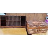 A brass inlaid wall cabinet together with a wicker picnic basket