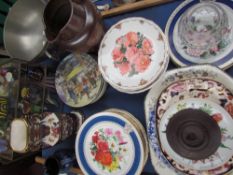 A collection of collectors plates together with a stoneware jug, a case of porcelain butterflies,