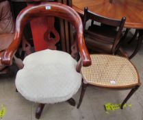 A mahogany framed caned top stool on ring turned tapering legs together with a tub chair