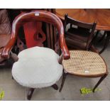 A mahogany framed caned top stool on ring turned tapering legs together with a tub chair