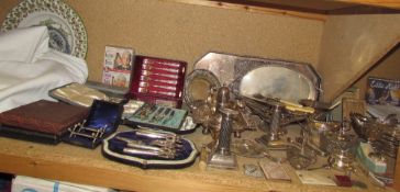 Assorted electroplated wares including cased grape scissors, cased knives and forks,